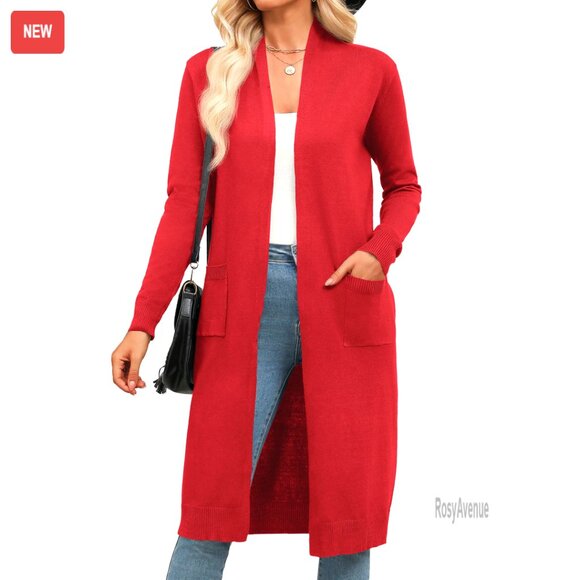 Sweaters - Lightweight Knit Duster Cardigan Long Sleeve Open Front Casual Sweater with